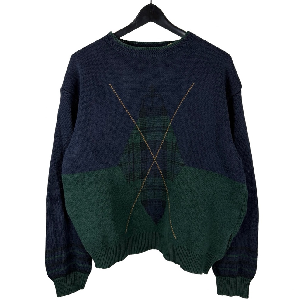 Vintage 90s New River 100% Cotton Golf Style Plaid Knit Sweater Size L